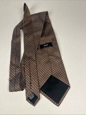 Boss Brown Silk Tie with Blue and Cream Motif